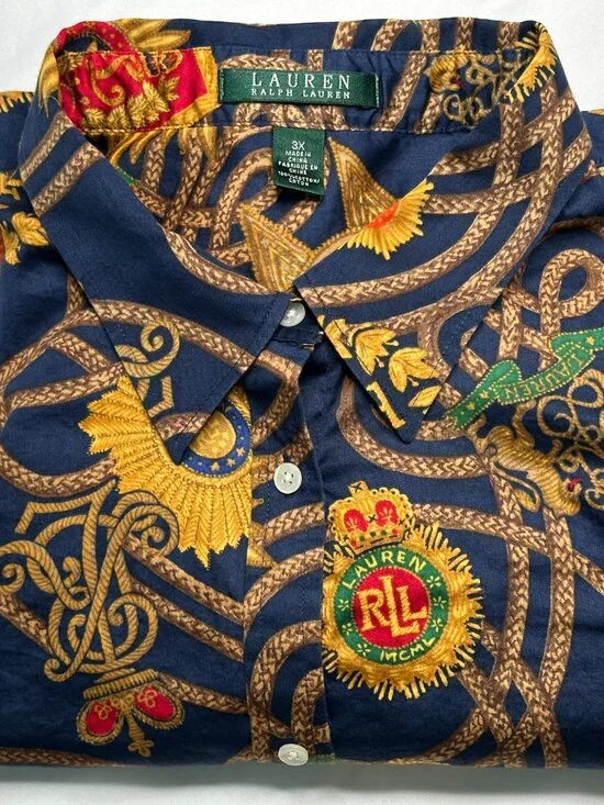 Lauren Ralph Lauren Women's 3X Shirt Crest Crown Gold Rope and Medallion AOP - Picture 3 of 9